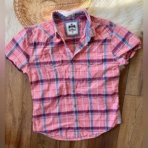 Express Pink Blue Plaid Stripe Short Sleeve Button Down Shirt Size Large